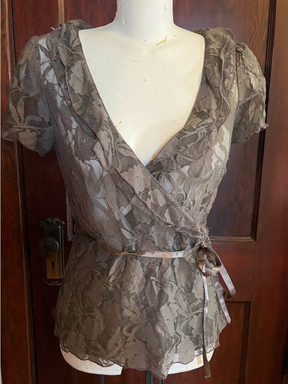 David Emanuel Lace Faux Wrap Blouse - Size 12